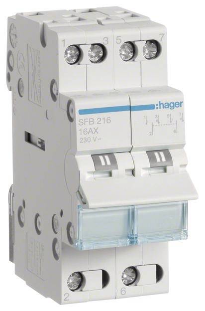 Leistungsschalter mit blauem Hebel, Aufschrift 'SFB 216 16AX 230V', für elektrische Schutzschaltungen verwendet.