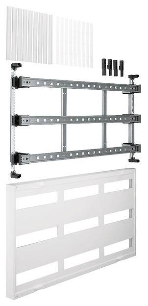 Montage-Kit für eine Wandhalterung, bestehend aus weißen Verkleidungselementen, schwarzen Schraubteilen und einem grau-metallenen Trägersystem.