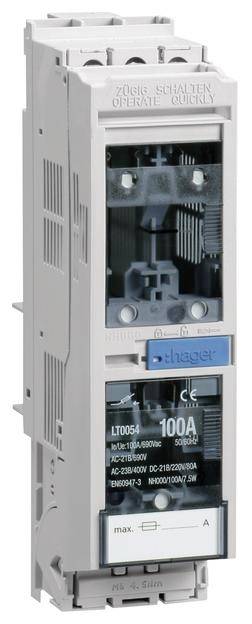 Ein elektrischer Leistungsschalter von Hager für 100 Ampere. Zeigt Schaltermechanismen und technische Details auf der Vorderseite.