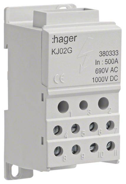Stromverteilerblock mit mehreren Anschlüssen, Modell 'hager KJ02G', geeignet für 500A, 690V AC, 1000V DC, weiße Gehäusefarbe.