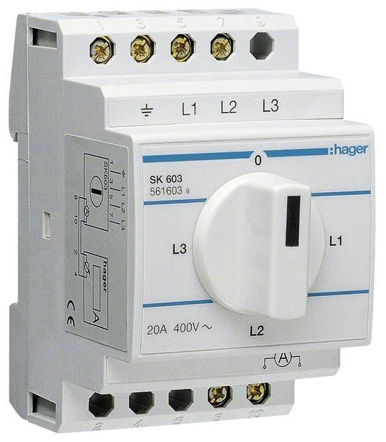 Drehschalter für elektrische Verteilung, zeigt Optionen L1, L2, L3; Spannung 400V und Stromstärke 20A, Marke Hager.