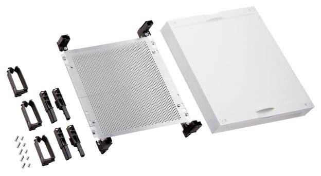 Ein Gitter, Kunststoffabdeckung, Halterungen und Schrauben für ein Montageset. Komponenten zur Installation elektronischer Geräte.
