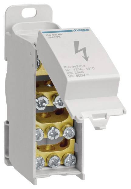 Elektrische Anschlussklemme mit aufklappbarer Abdeckung, die Schraubverbindungen und interne Schaltmechanismen zeigt.