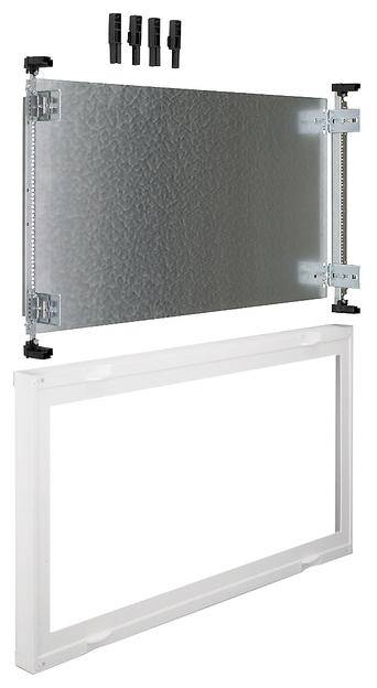 Metall-Haftrahmen mit befestigter Platte und Montagematerial, einschließlich Schrauben und Klemmen, zur stabilen Wandmontage.