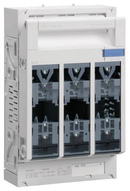 Elektrischer Sicherungshalter mit drei transparenten Abdeckungen und blauer Markenkennzeichnung oben rechts.