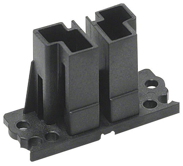Schwarzer Kunststoffstecker mit zwei rechteckigen Buchsen und einer Montagebasis mit Befestigungslöchern.