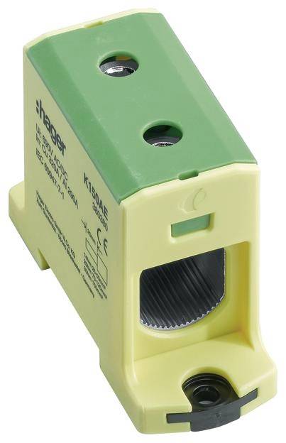 Ein gelb-grüner Hager-Klemmblock für elektrische Installationen, mit zwei Schraubbefestigungen und einem Anschlussfach.