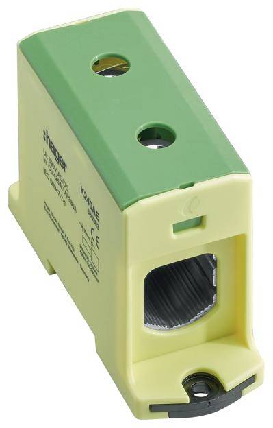 Ein gelb-grüner elektrischer Klemmblock mit zwei Befestigungslöchern und einer Öffnung zur Kabelbefestigung.