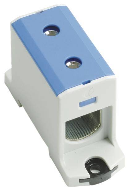 Kabelklemme mit blauem oberen Teil, rechteckige Form, zwei Schraubenlöcher oben und runder Kabelanschluss unten.