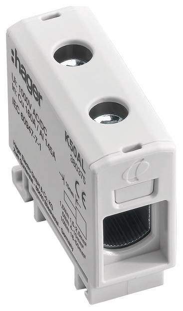 Weißes elektrisches Sicherungsmodul mit Hager-Logo und technischen Spezifikationen aufgedruckt.