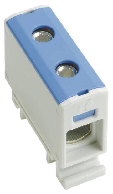 Ein weiß-blauer elektrischer Kabelverteilerblock mit zwei Metallklemmen, zur sicheren Verbindung von elektrischen Leitungen.