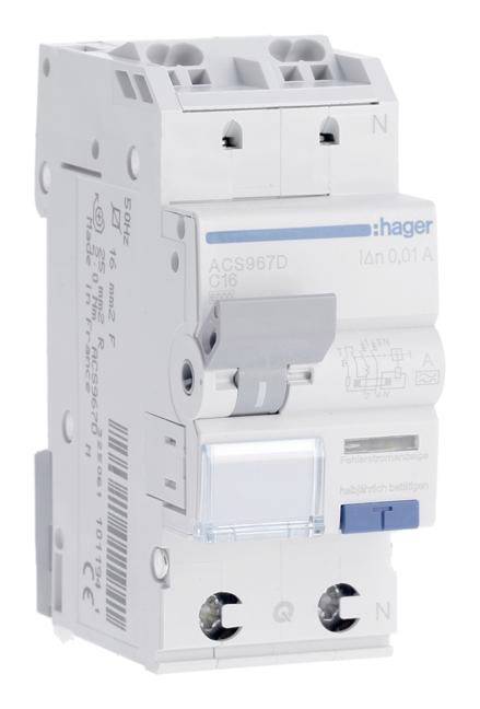 Ein zweipoliger Leitungsschutzschalter von Hager, Modell ACS967D, Nennstrom 16A, 230V/400V, mit blauer Kippschalteranzeige.