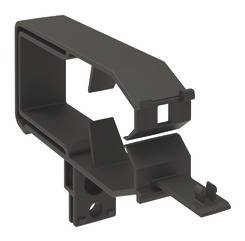 Schwarzes Kunststoffteil, rechteckige Form mit Halterungen und Clips, möglicherweise Teil eines größeren mechanischen Systems.