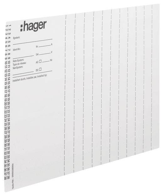 Beschriftungsschild von Hager für Verteilerkästen, mit Linien zum Ausfüllen von Systeminformationen und installierten Details.