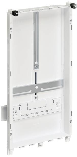 Ein weißer, leerer Verteilerkasten aus Kunststoff mit Schienen und Befestigungsmöglichkeiten für elektrische Komponenten.