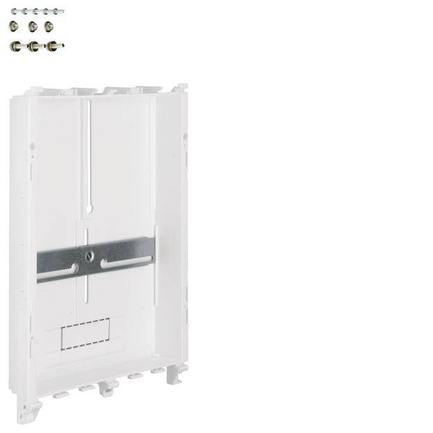 Installationskasten aus weißem Kunststoff mit Montagezubehör und Schrauben, geeignet für Kabelmanagement oder Elektroinstallation.