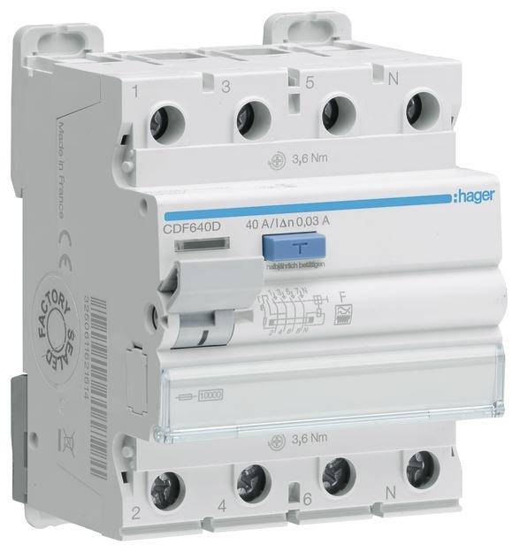 Ein FI-Schalter der Marke Hager mit der Beschriftung '40 A/Idn 0,03 A'. Der Schutzschalter hat vier Pole und ist für elektrische Sicherheit konzipiert.