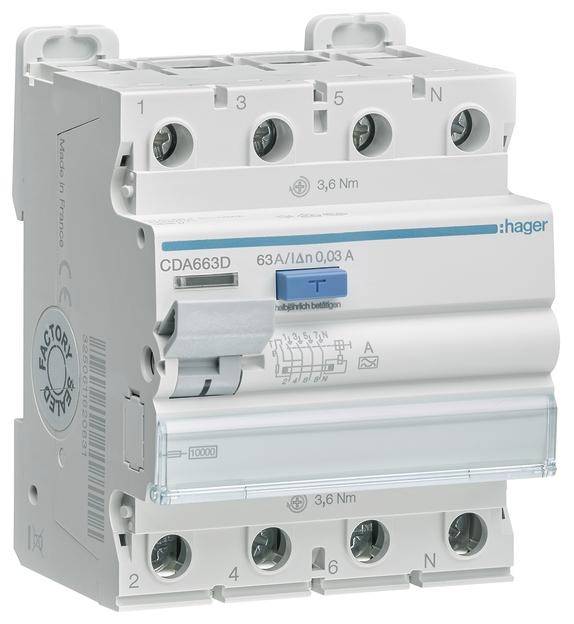 FI-Schutzschalter von Hager, Modell CDA663D, mit einer Kapazität von 63 A. Wird zum Schutz vor Stromschlägen verwendet.