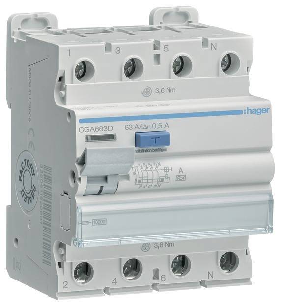 Ein elektrischer FI-Schutzschalter von Hager mit mehreren Anschlüssen und der Aufschrift '63 A/0,5 A', bietet Schutz vor Stromunfällen.