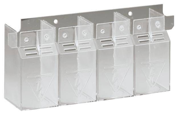 Transparenter Kunststoffhalter für 4 Sicherungen, an einer Metallplatte montiert, mit geprägtem Gefahrensymbol.