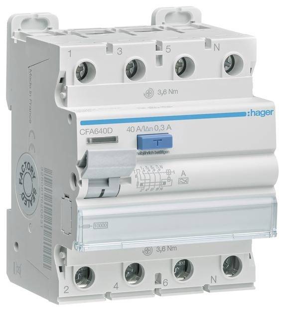 Ein vierpoliger FI-Schalter der Marke Hager mit Aufschrift '40 A | 0,03 A'. Er dient zum Schutz vor elektrischem Schlag und Fehlerstrom.