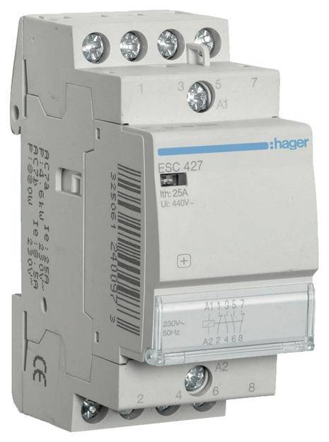 Ein Hager ESC 427 Schütz, mit technischen Spezifikationen wie 25A, 230V, 50Hz auf der Vorderseite und Anschlussklemmen oben.