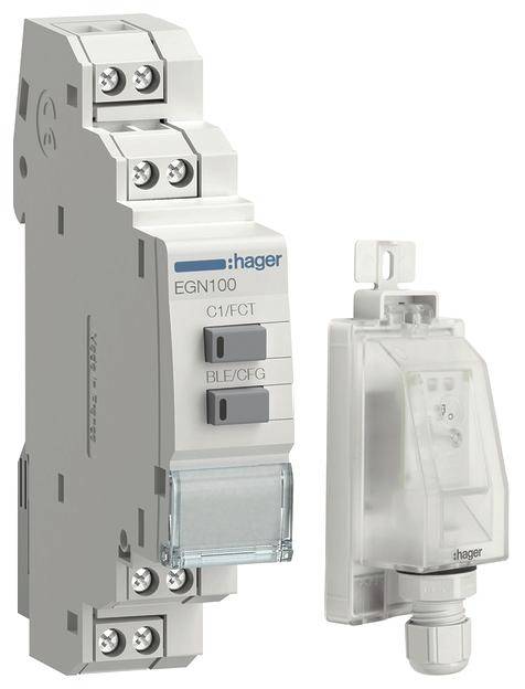 Schütz, Bauteil für elektrische Installationen, links mit Kennzeichnung 'EGN100', rechts ein durchsichtiges Bauteil. Hauptsächlich grau.