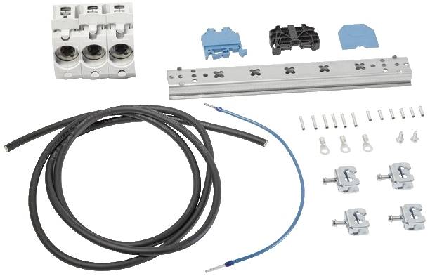 Elektrischer Installationssatz mit Kabeln, Metallschienen, Klemmen und Zubehör. Ideal für Anwendungsbeispiele in der Montage.