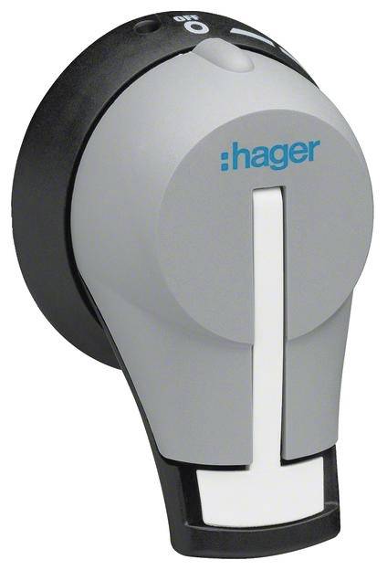 Schalter von Hager in Grau mit Aufschrift, zeigt Position 'ON' an.