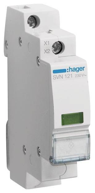 Ein weißer elektrischer Schalter von Hager mit der Bezeichnung 'SVN 121' und Spannung '230 V', zeigt Anschlüsse X1 und X2.