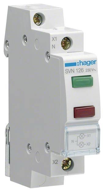 Ein Hager SVN 126 Stromrelais mit zwei Kontrollleuchten. Oben ein grüner, unten ein roter Schalter. Anschlüsse X1, X2, N seitlich.