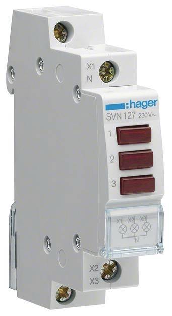 Ein elektrischer Schalter von 'hager' mit drei roten Tasten, beschriftet mit 'SVN 127' und '230V'.