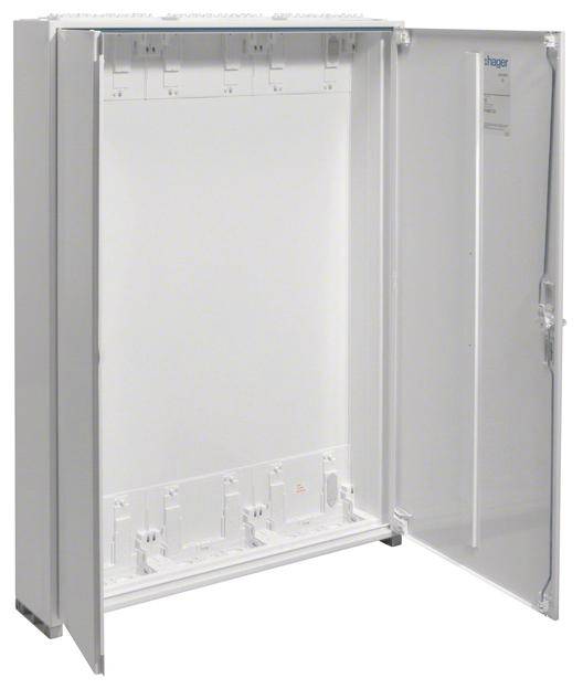 Ein geöffneter weißer Elektroverteilerkasten mit mehreren Reihen für Elektroschalter und Drehknöpfen.