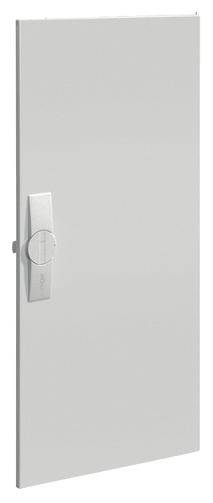 Glänzende weiße rechteckige Tür mit einem vertikalen, schmalen Griff an der linken Seite.