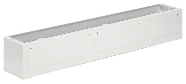 Langes weißes Metallgehäuse, rechteckig und offen an der Oberseite, vermutlich für den Einbau elektrischer oder technischer Komponenten.