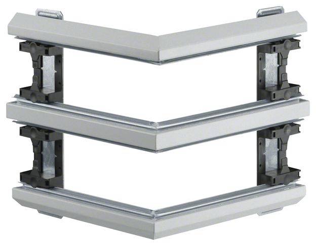 Ein doppelrahmiger Winkeleinfassungsrahmen aus silbernem Metall mit schwarzen Verbindungselementen, wahrscheinlich Teil eines industriellen oder baulichen Systems.