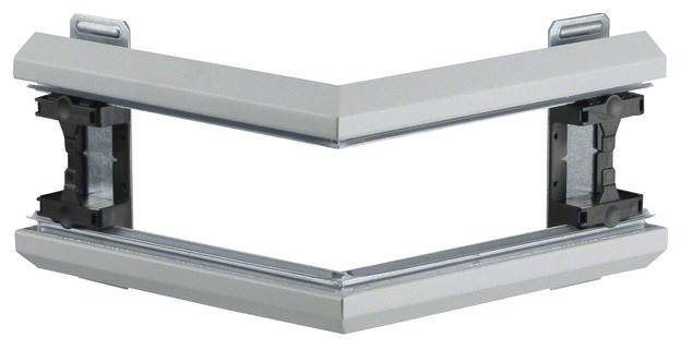 Ein silbernes, V-förmiges Metallbauteil mit zwei dunklen Halterungen an jeder Seite, möglicherweise ein Bestandteil eines Montagesystems.