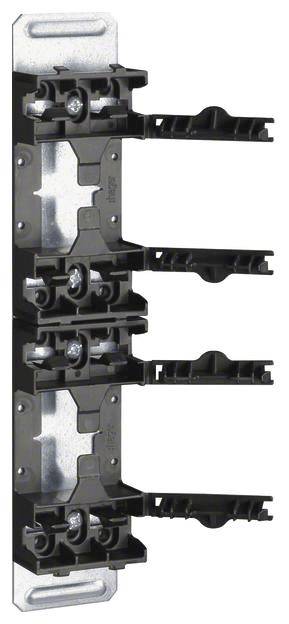 Dreiphasiger Sicherungsträger in vertikaler Anordnung, mit drei Sicherungshaltern und metallischen Kontaktpunkten, zur elektrischen Installation.