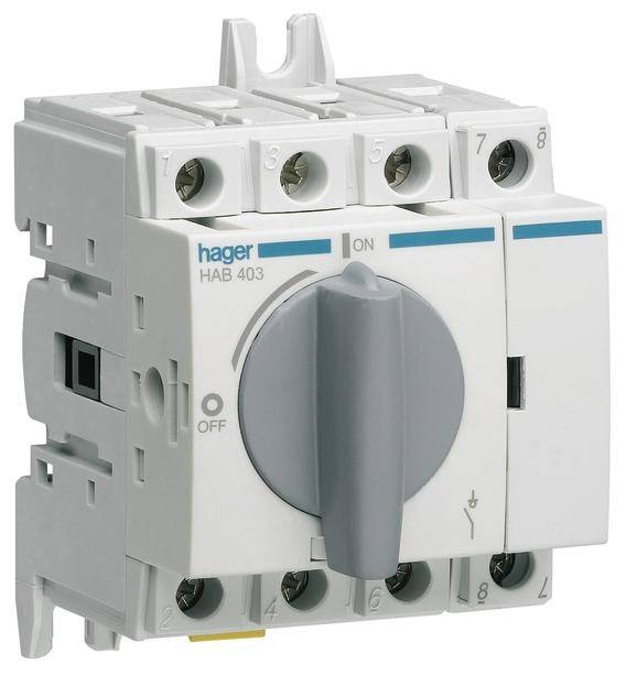 Schalter im Off-Zustand mit 'ON' und 'OFF'-Markierungen, grauem Hebel und Produktdetails von Hager.