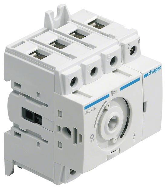 Ein weißer elektrischer Hauptschalter mit der Aufschrift 'Hager' bietet Schaltfunktionen, erkennbar durch die 'ON' und 'OFF'-Kennzeichnung.
