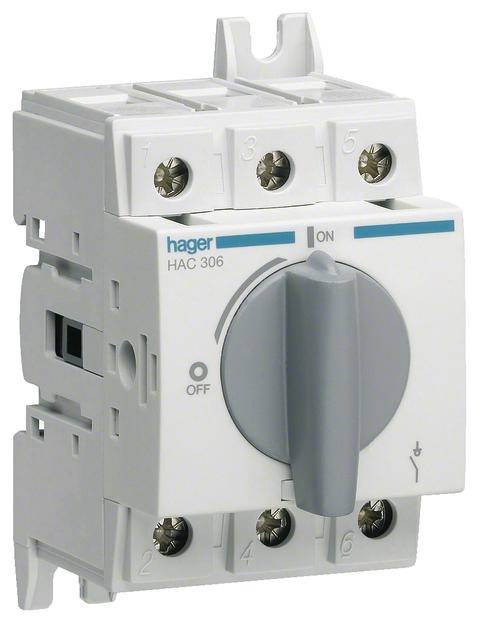 Ein weißer elektrischer Schalter von Hager mit grauem Drehknopf. Oben steht 'HAC 306', Positionen 'ON' und 'OFF' markiert.