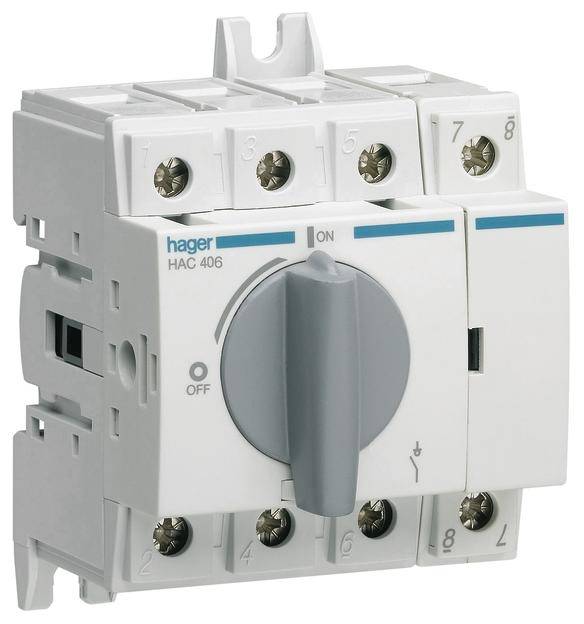 Ein elektrischer Schalter von Hager mit Drehgriff, markiert mit 'ON' und 'OFF'. Geeignet für industrielle Anwendungen.