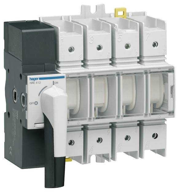 Ein elektrischer Lasttrennschalter mit Handhebel zur Steuerung der Stromzufuhr, gezeigt in der 'OFF'-Position.