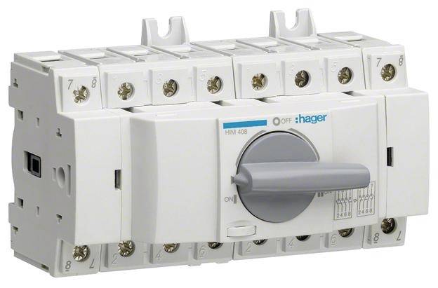 Schaltgerät mit Drehgriff, Aufdruck 'hager' und Schaltpositionen. Verwendet zur Kontrolle von elektrischen Stromkreisen in Verteilerkästen.