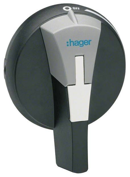 Elektrischer Drehschalter mit 'Hager'-Logo, zeigt Positionen 'ON' und 'OFF'. Hauptsächlich in grauen und schwarzen Farben gehalten.