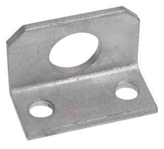 Metallwinkelhalterung mit drei Bohrungen: eine große oben in der vertikalen Fläche und zwei kleinere in der horizontalen Fläche.