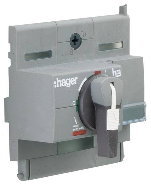 Grauer Schutzschalter mit rotem Hebel und Hager-Logo. Der Hebel zeigt auf die 'O'-Position.