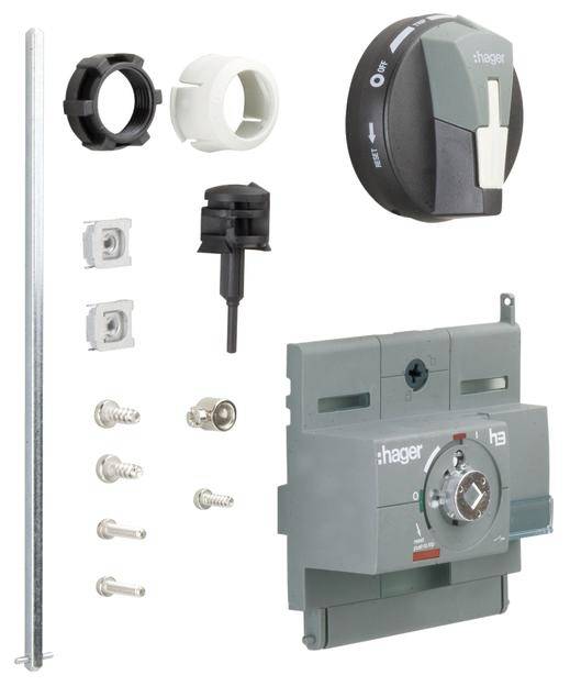 Ein elektrisches Schaltersatz von Hager, bestehend aus mehreren Komponenten wie Drehknopf, Gehäuse und Schrauben, zur Montage eines Schalters.