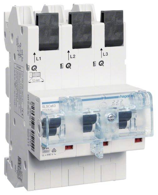 Ein dreipoliger Leitungsschutzschalter mit den Beschriftungen 'L1', 'L2' und 'L3', einschaltbar, Markenname sichtbar oben.
