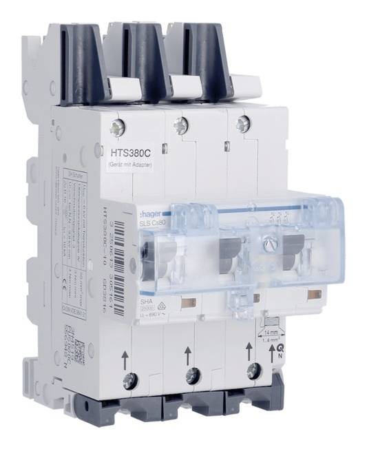 Ein dreipoliger Leitungsschutzschalter der Marke HTS380C, geeignet für 380V-Netze, mit Schutzkappe und beschrifteten Anschlüssen.